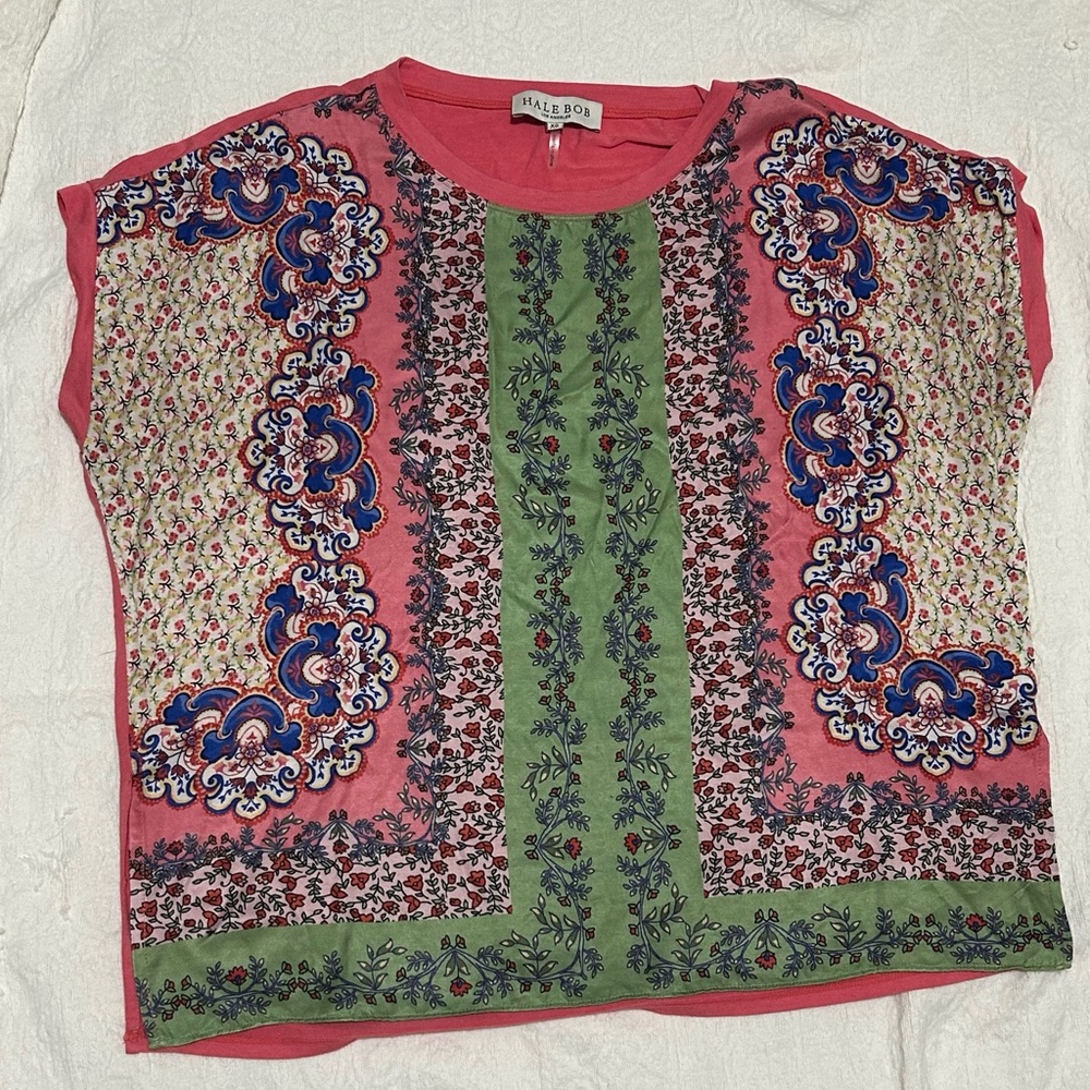 Hale Bob Coral & Green Silk Front Women's Top